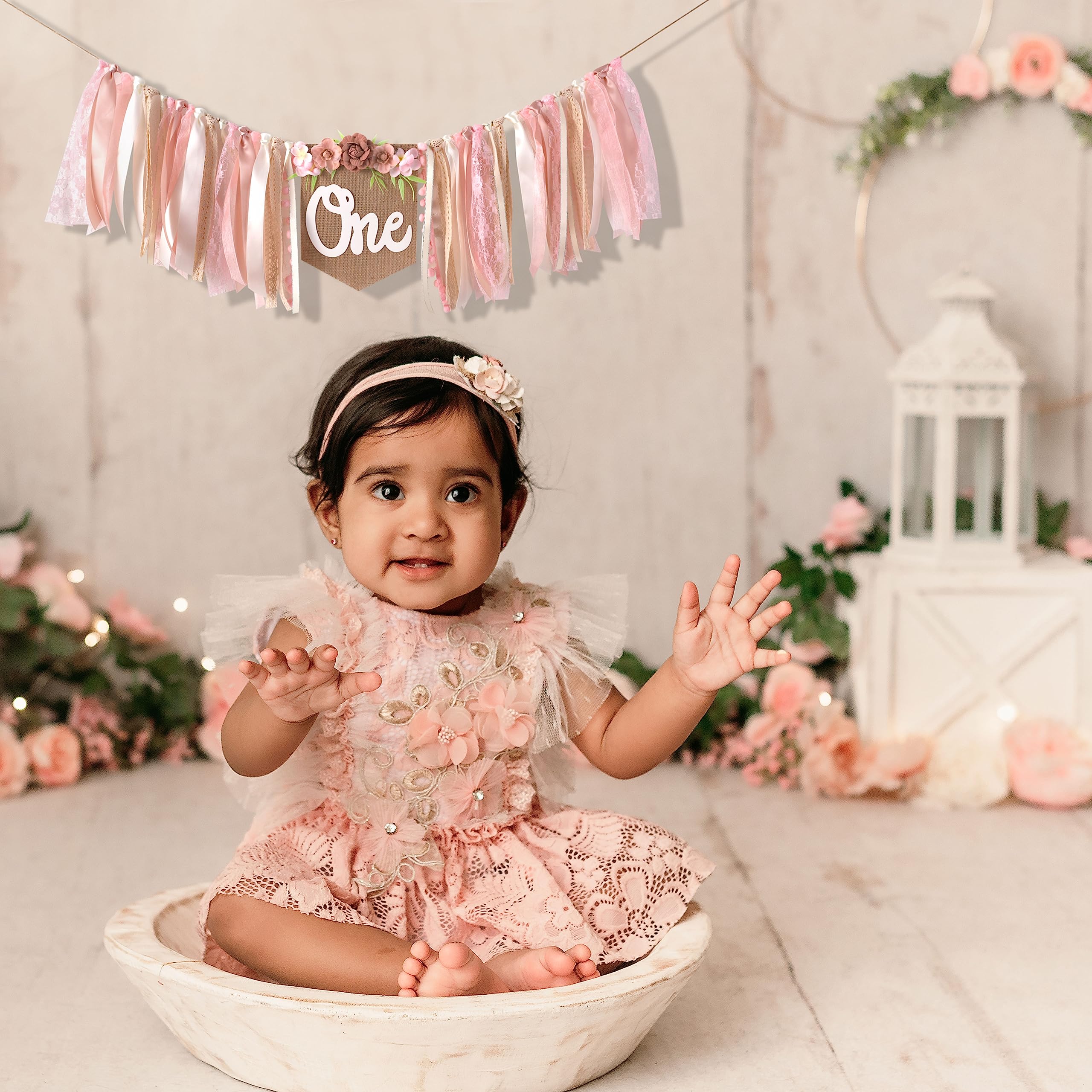 Pink 1st/ First Birthday High Chair Banner For Girls - Floral Tea Party Decoration, Happy Birthday Backdrop For Baby Shower, Floral Birthday Banner, Sweet One Banner, Princess Birthday Decoration,