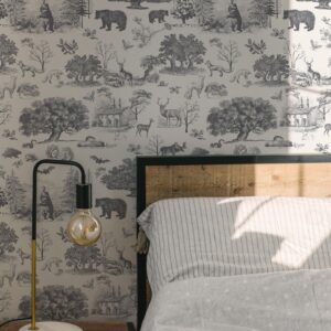 RollsRolla Toile Wallpaper Black and White Woodland Farmhouse Wallpaper Peel and Stick Wallpaper Cute Wallpaper for Teens Boys Room and Nursery