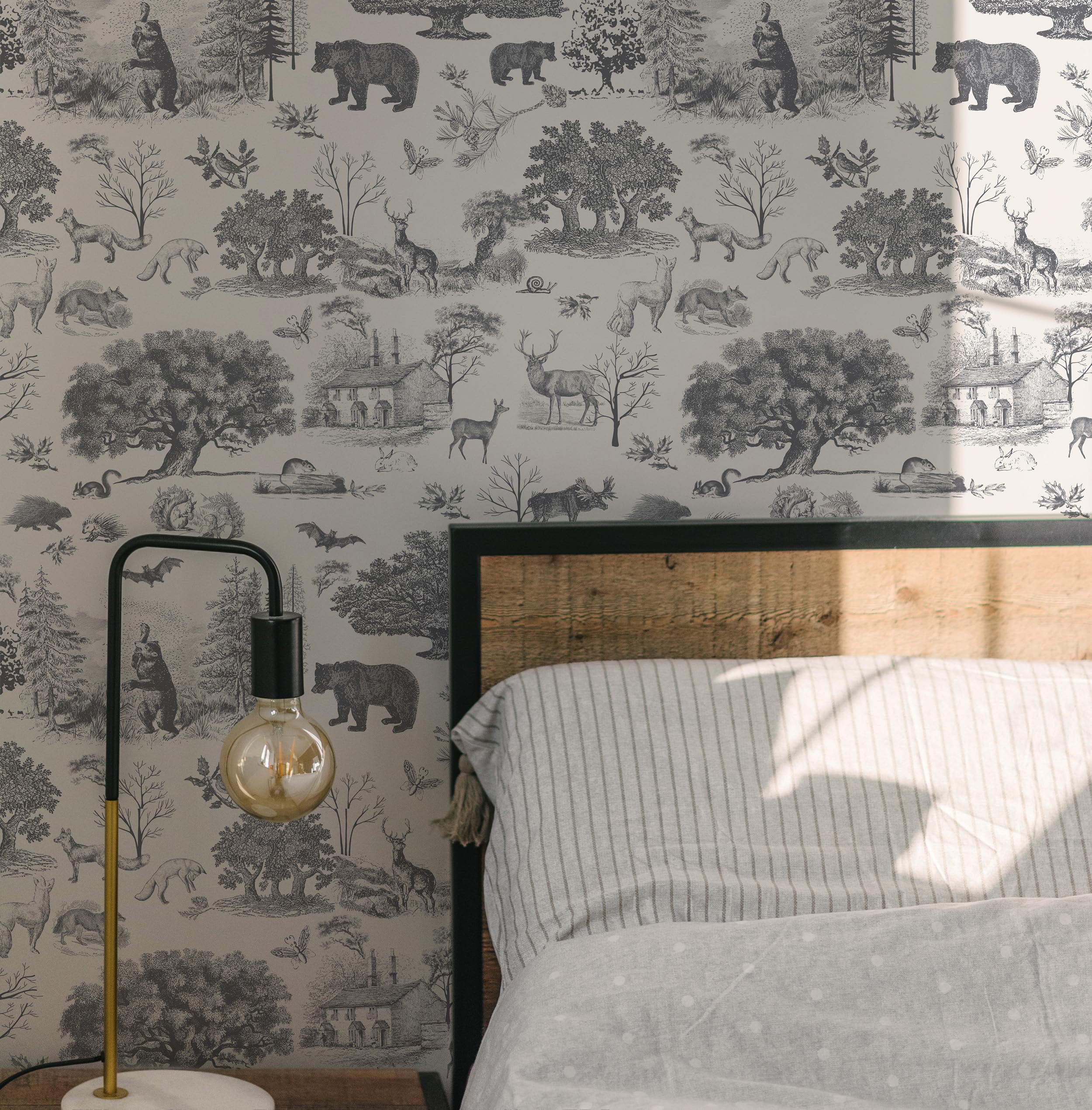 RollsRolla Toile Wallpaper Black and White Woodland Farmhouse Wallpaper Peel and Stick Wallpaper Cute Wallpaper for Teens Boys Room and Nursery