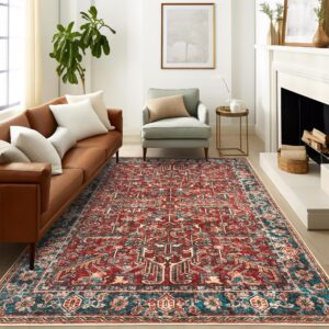 valenrug washable rug 5x7 - ultra-thin antique collection area rug, stain resistant rugs for living room bedroom, distressed vintage rug(red, 5'x7')