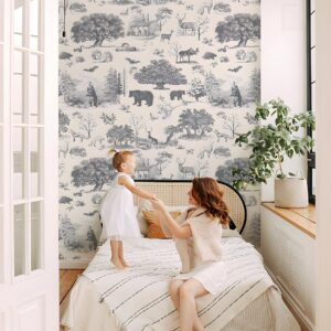 RollsRolla Toile Wallpaper Black and White Woodland Farmhouse Wallpaper Peel and Stick Wallpaper Cute Wallpaper for Teens Boys Room and Nursery