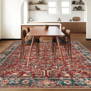 Valenrug Washable Rug 5x7 - Ultra-Thin Antique Collection Area Rug, Stain Resistant Rugs for Living Room Bedroom, Distressed Vintage Rug(Red, 5'x7')