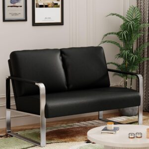 pointant love seat mini couch small settee loveseat bench for living room, faux leather loveseat sofa small sofa couches for small spaces with padded cushion, mid century modern black love seats