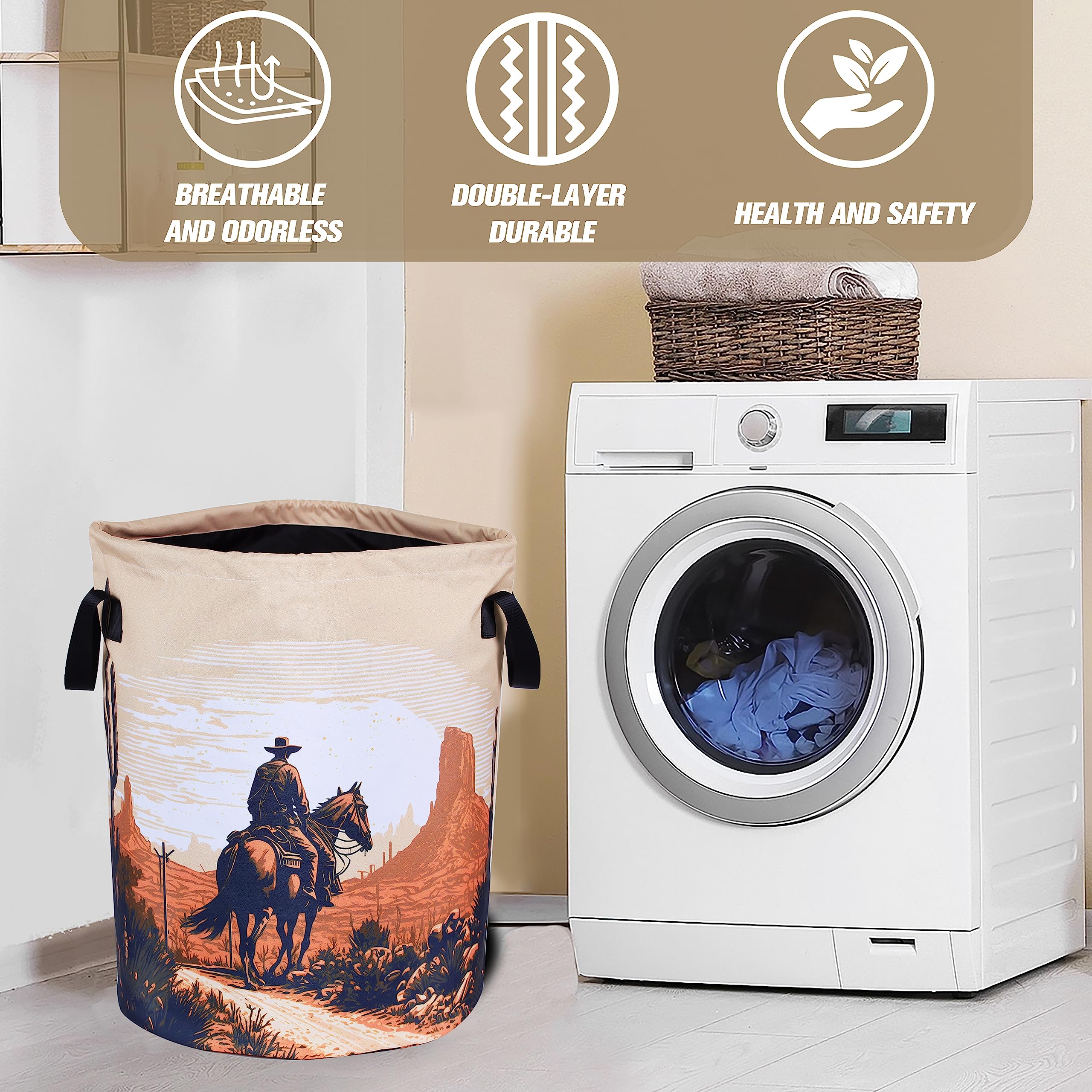 Western Cowboy Laundry Basket Desert Riding Foldable Oxford Cloth Funny Tote Bag Laundry Hamper Clothes Storage Bucket Organizer For Bathroom/Laundry Storage/Bedroom18.9x16.5 Inch