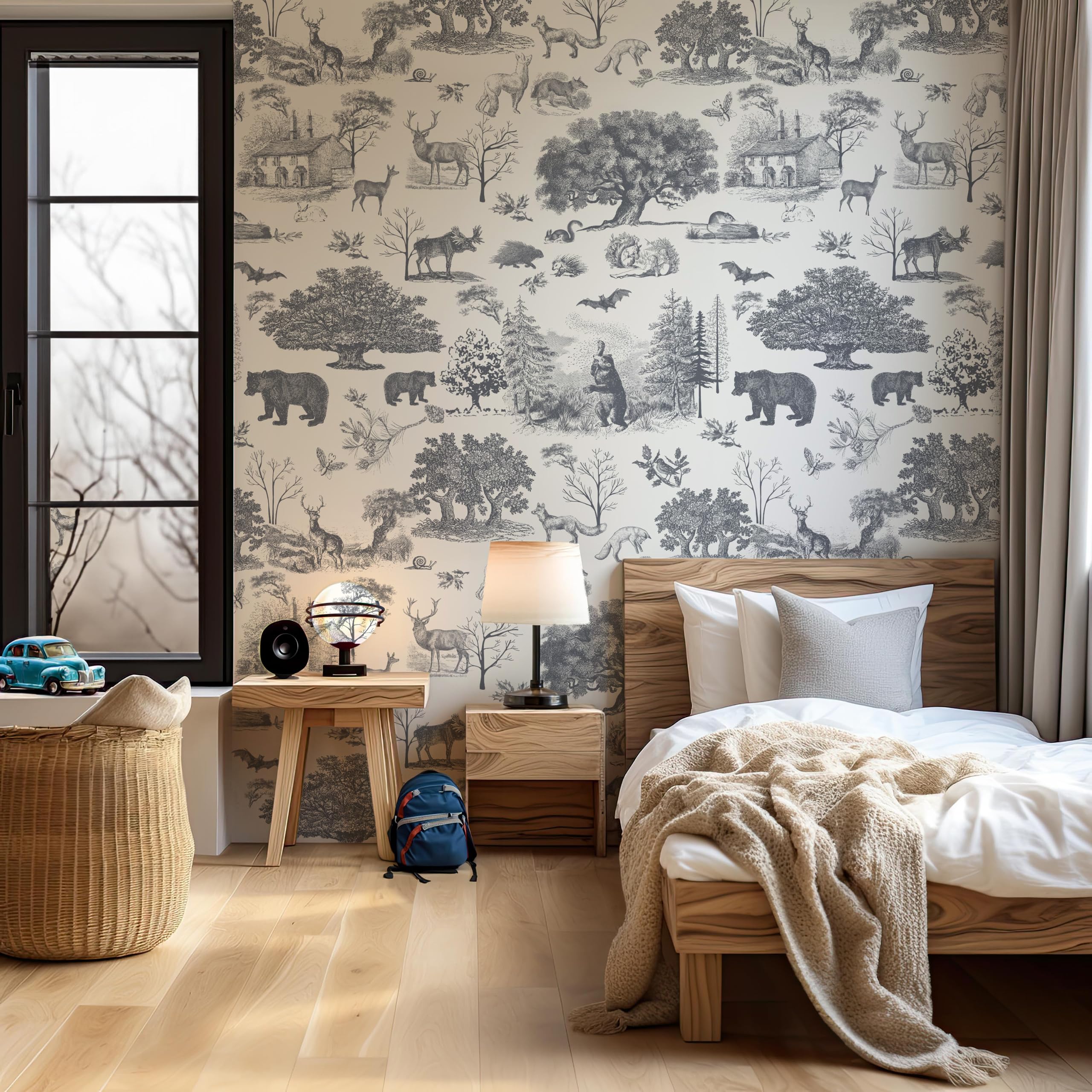 RollsRolla Toile Wallpaper Black and White Woodland Farmhouse Wallpaper Peel and Stick Wallpaper Cute Wallpaper for Teens Boys Room and Nursery