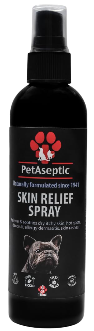 PetAseptic Skin Relief Spray for Dogs | Relieves Dry Itchy Skin, Hot Spots, Dandruff, Allergy Dermatitis, & Skin Rashes | Clear, Stainless, & Greaseless | Provides Fast, Temporary Relief | 4oz Spray