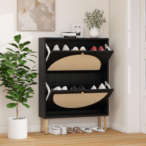 ZeHuoGe Natural Rattan Shoe Cabinet with 2 Flip Drawers, Entrance Hallway Slim Entryway Shoe Organizer, Black Shoe Rack Storage Cabinet for Modern Heels, Boots, Slippers (Black)