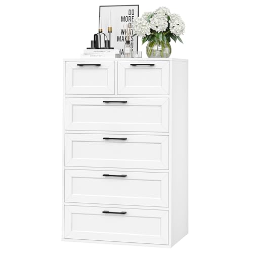 BOTLOG 6 Drawer White Dresser, Tall White Dresser with Large Storage Space, Modern Storage Chest of Drawers, Wood Closet Dresser for Living Room, Hallway, Entryway