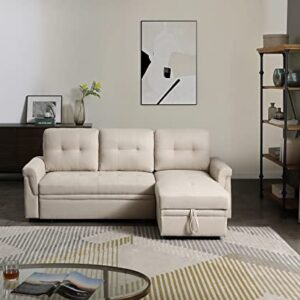 uhome Upholstered Sleeper Sofa with USB Ports sectional Couch Reversible Sofabed, Full XL, Beige