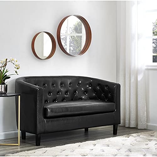 Naomi Home Barrel Love Seat, Button Tufted Faux Leather Barrel Loveseat Sofas, Faux Leather couches, Small Loveseats for Small Spaces, Bedrooms, Love Seat Couches for Living Room - Black