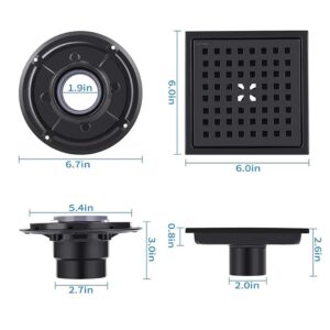 ELLO&ALLO Shower Floor Drain with Flange,Quadrato Pattern Grate Removable 6 Inch Square, SUS 304 Stainless Steel, Matte Black