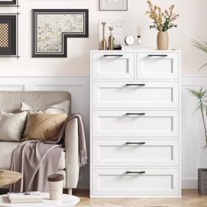 botlog 6 drawer white dresser, tall white dresser with large storage space, modern storage chest of drawers, wood closet dresser for living room, hallway, entryway