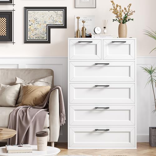 BOTLOG 6 Drawer White Dresser, Tall White Dresser with Large Storage Space, Modern Storage Chest of Drawers, Wood Closet Dresser for Living Room, Hallway, Entryway