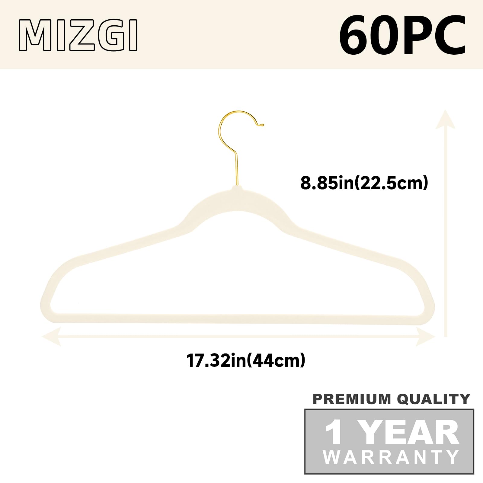 MIZGI Ivory Velvet Hangers 60 Pack,Premium Gold Clothes Hangers Non-Slip Felt Hangers,Sturdy Ivory Hangers Heavy Duty Coat Hangers,Durable Suit Hangers for Space Saving, No Flocked Hanger Marks