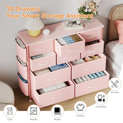 Jojoka Dresser for Bedroom with 10 Drawers, Dressers & Chest of Drawers, Fabric Storage Drawer with Side Pockets for Kids Room, Closet, Hallway, Entryway, Living Room