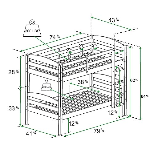 Walker Edison Della Transitional Twin-Over-Twin Bunk Bed Frame, Twin Size, Grey