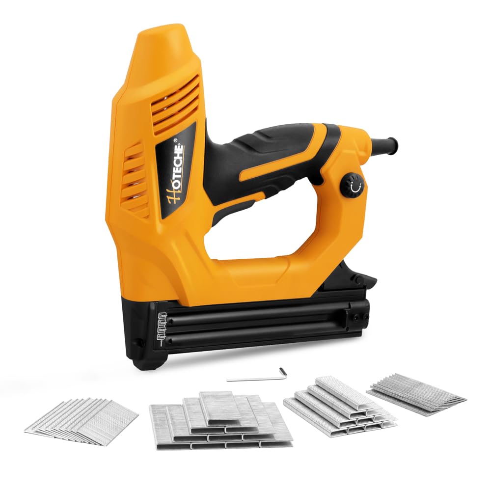 Hoteche 18GA 2-in-1 Electric Brad Nailer/Stapler 19/32-Inch to 1-1/4 Inch Staple Gun Power Adjustable Nail Gun with 2000Pcs Brad Nails& Staples for Home Upholstery and Woodworking