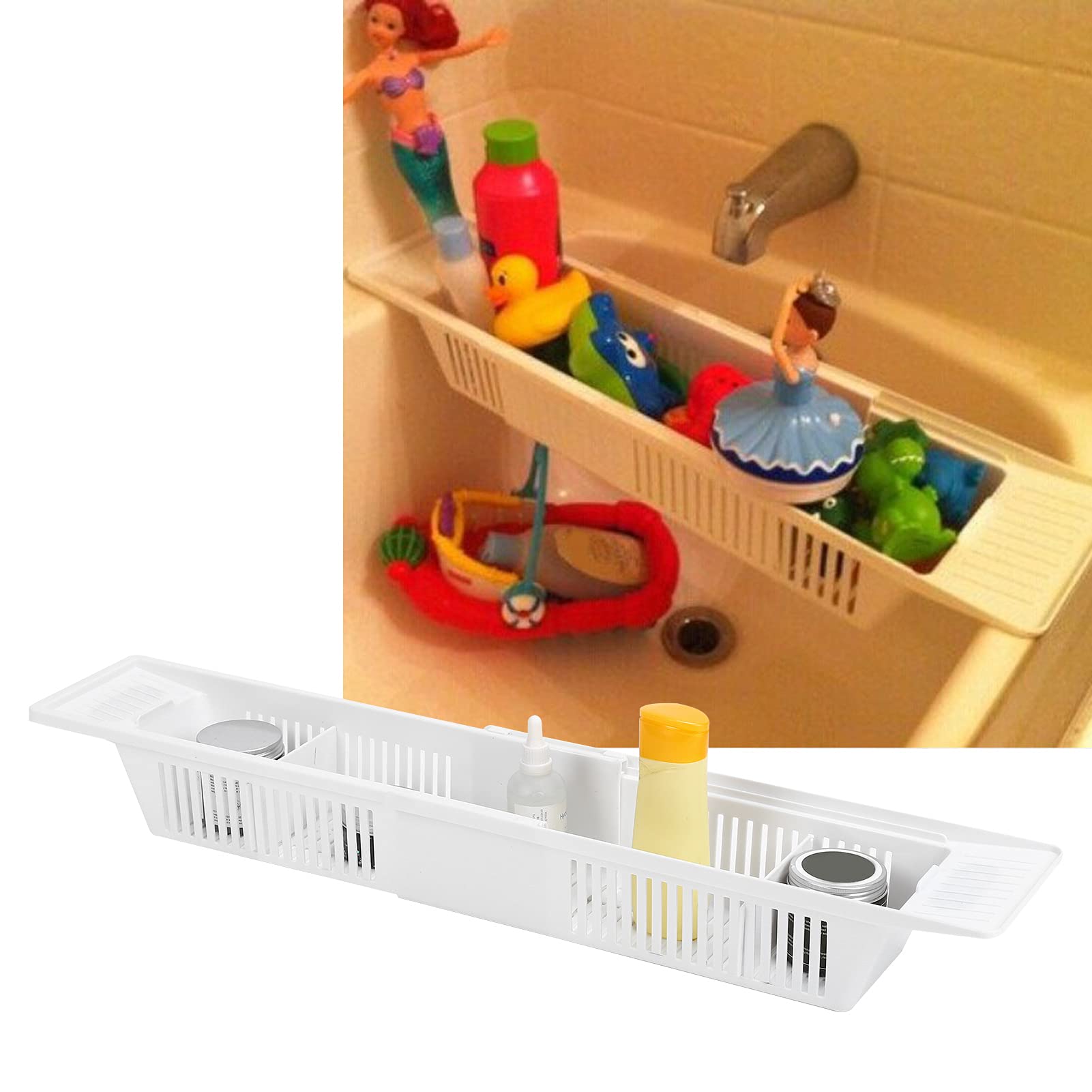 HERCHR Retractable Bathtub Tray, Adjustable Bath Shelf Caddy Tray Plastic Simple Bath Toy Organizer Storage Basket for Shampoo Shower Gel