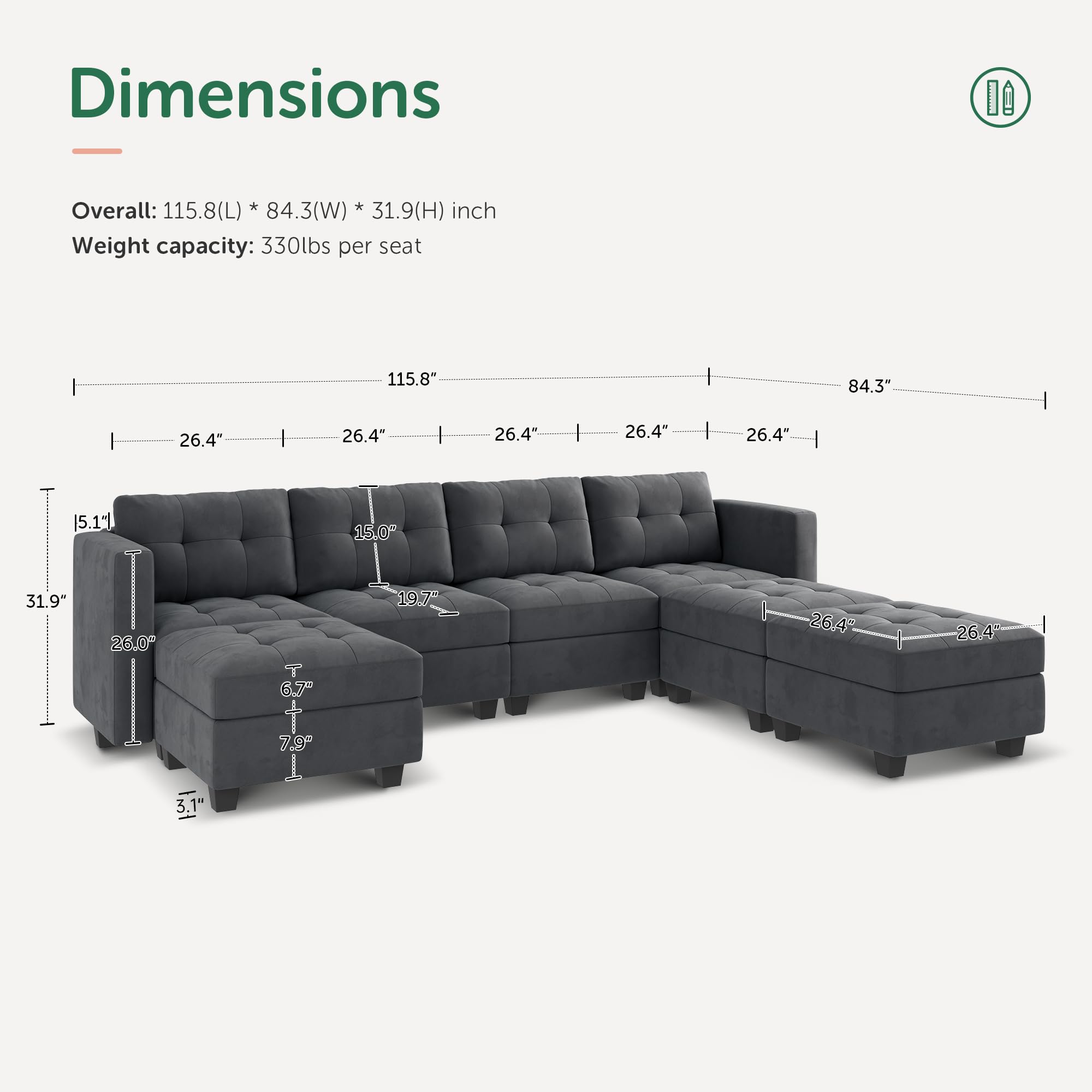 HONBAY Modular Sectional Sofa Oversized U Shaped Couch with Storage Seat Velvet 7 Seater Modular Sofa with Reversible Chaises, Bluish Grey