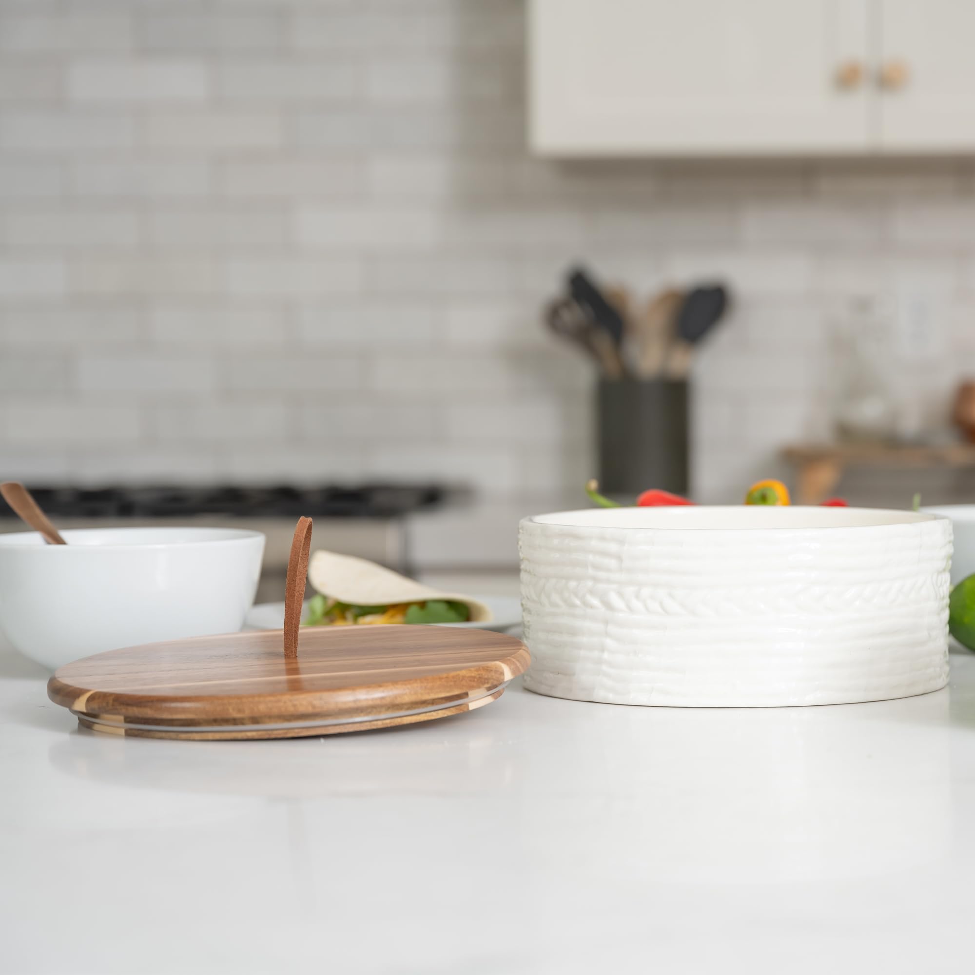 Everbrook Authentic Wood and Ceramic Tortilla Warmer - Tortilla Holder - Bread Warmer - Pancake Warmer - Tortilla Holder with Lid - Tortilla Steamer - White Tortilla Warmer - 8.5 Inches