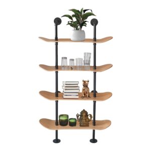 Industrial Shelves - 4 Tier Industrial Decor Pipe Bookcase Using 7 Ply Skateboard Decks - Natural Wood Stain Finish - Perfect Bathroom Wall Decor, Book Shelf for Skateboard Enthusiasts