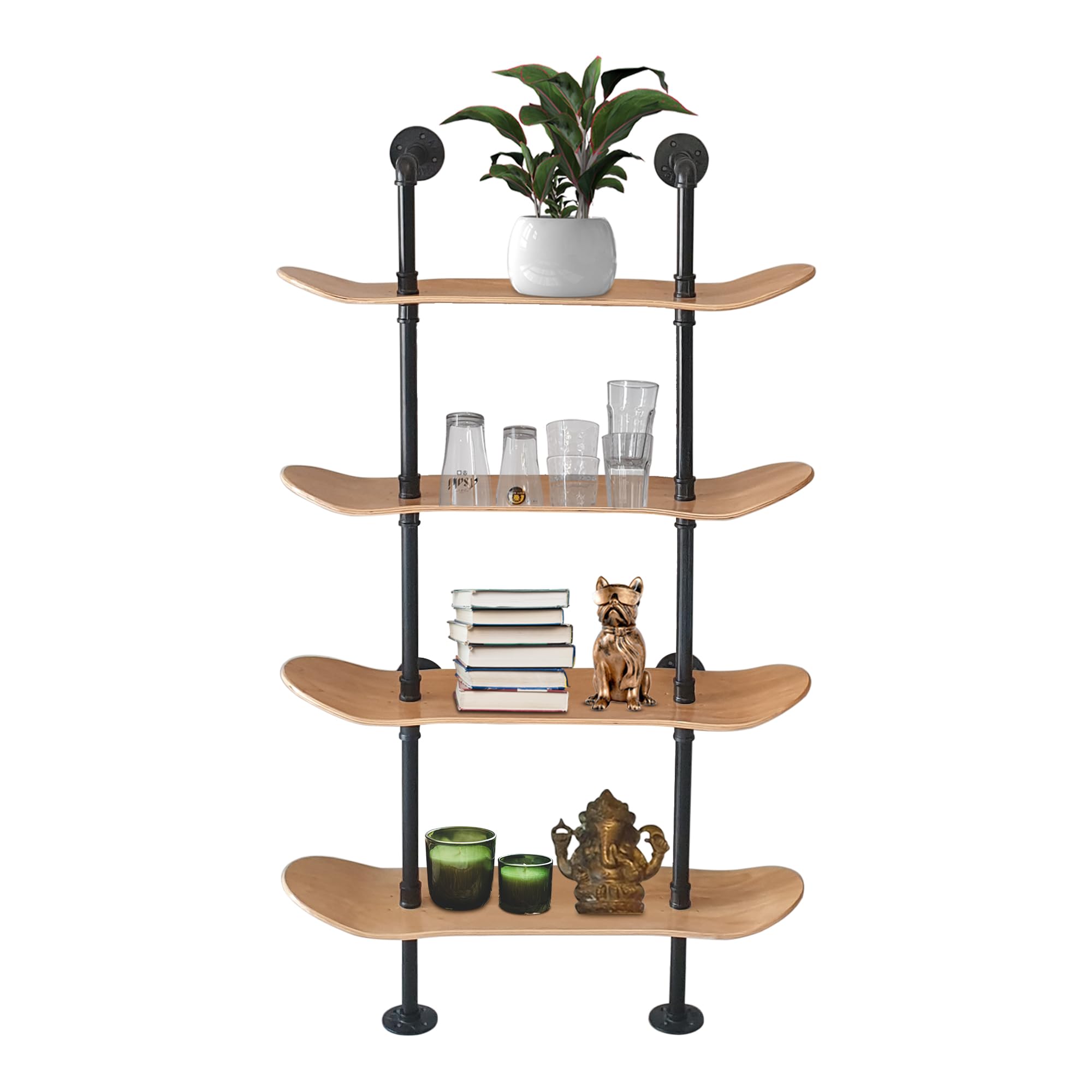 Industrial Shelves - 4 Tier Industrial Decor Pipe Bookcase Using 7 Ply Skateboard Decks - Natural Wood Stain Finish - Perfect Bathroom Wall Decor, Book Shelf for Skateboard Enthusiasts