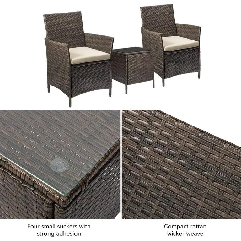 JUMMICO 3 Pieces Patio Furniture Sets Outdoor Patio Chairs set of 2 PE Rattan Wicker Chairs with Table for Garden Porch Lawn Poolside(Brown/Beige)