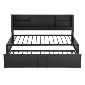 Harper & Bright Designs Twin Bed with Trundle and Storage Bookcase, USB Ports, Solid Wood Platform Bed Frame Twin Size Daybed Sofa Bed for Bedroom Living Room (Twin Size, Black)