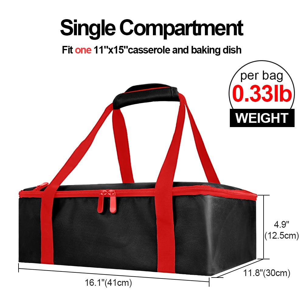 Bodaon Insulated Casserole Carrier for Hot or Cold Food, Fits 9"x13" and 11"x15" Baking Dish with Lid, Insulated Carriers for Transport, Travel Food Warmer Container Bags (Single Decker, Black-Red)