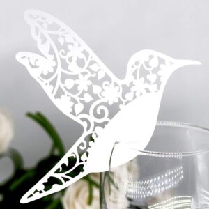 MSUIINT 50pcs Little Bird Shaped Hollow Name Place Cards for Wine Glass Top, Paper Cup Card Hollow Out Design, Wedding Table Decoration and Seating Assignment(White)