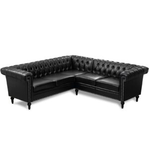 Vaztrlus Chesterfield L-Shaped Faux Leather Sectional Sofa， Modern, Large Corner Couch for Living Room with Modular Button Design. Five-Seater Sofas (Black