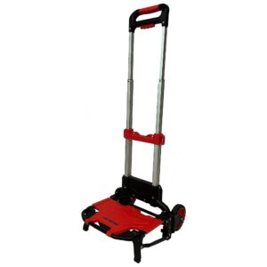 magna cart durable 150 pound weight capacity foldable hand truck utility shopping cart with wheels and bungee cord to secure heavy loads, black/red