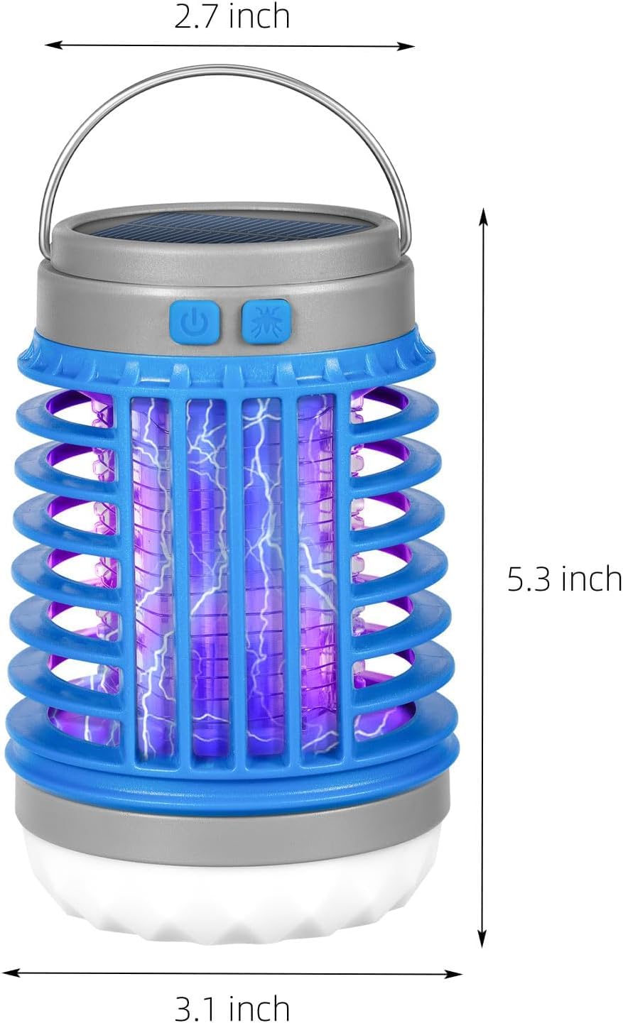 Solar Bug Zapper Outdoor Waterproof Mosquito Zapper for Patio Home Camping, 3 in 1 Cordless Mosquito Light Killer Portable Small Bug Zapper - Camping Light, Mosquito Killer, Flashlight - Blue, 2 PCS