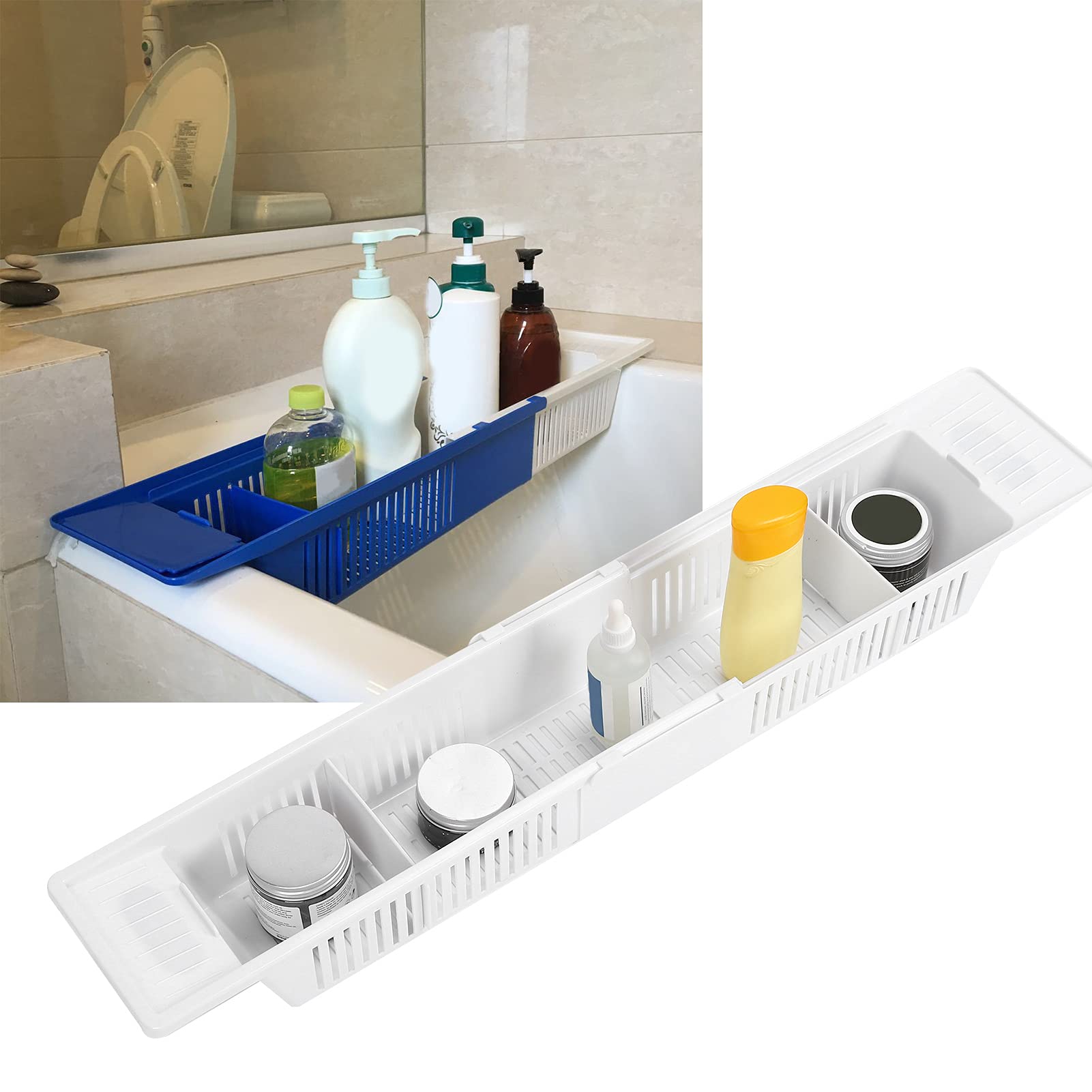 HERCHR Retractable Bathtub Tray, Adjustable Bath Shelf Caddy Tray Plastic Simple Bath Toy Organizer Storage Basket for Shampoo Shower Gel