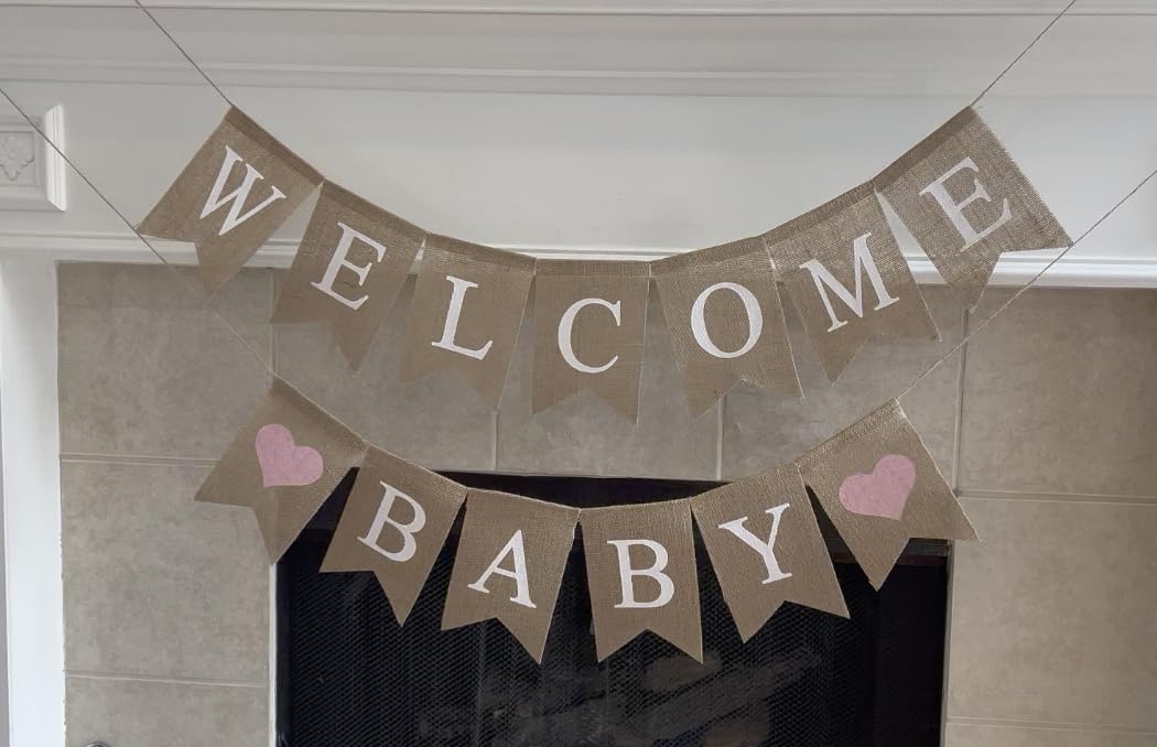 Shimmer Anna Shine Welcome Baby Burlap Banner for Baby Shower Decorations and Gender Reveal Party (Light Pink Hearts)