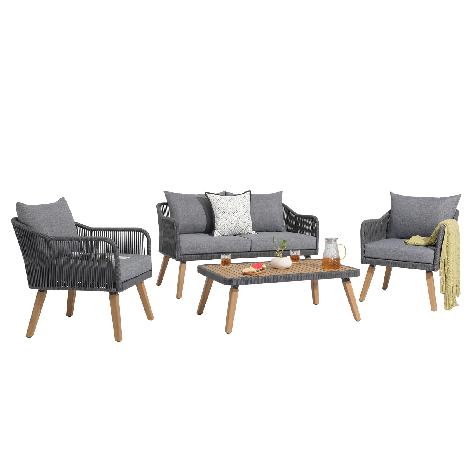 Patiorama 4 Piece Patio Furniture Set, Outdoor FSC Certified Acacia Wood Conversation Set, All-Weather Rope Sofa Set w/Coffee Table, Loveseat, Modern Deep Seating Set for Lawn Balcony Poolside, Grey