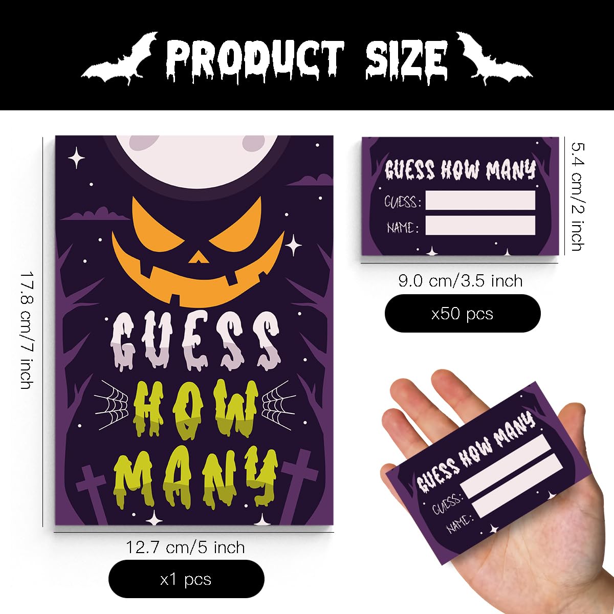 Halloween Games - Guess How Many Games, 1 Game Sign + 50 Guessing Cards, Halloween Party Game and Activity for Halloween Baby Shower, Halloween Party Decorations WSJ03