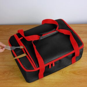 Bodaon Insulated Casserole Carrier for Hot or Cold Food, Fits 9"x13" and 11"x15" Baking Dish with Lid, Insulated Carriers for Transport, Travel Food Warmer Container Bags (Single Decker, Black-Red)