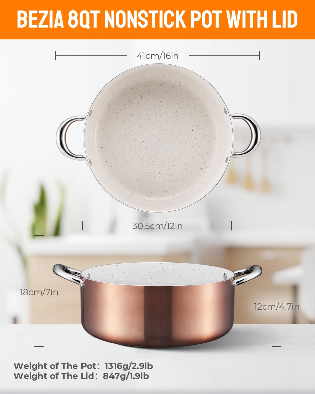 BEZIA 8 Quart Cooking Pot with Lid, Nonstick Stock Pot/Stockpot with Lid, Induction Pot for Cooking, Kitchen Pots, Stew Pots, Soup Pots for All Stovetops, Oven Safe