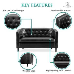 Naomi Home Barrel Love Seat, Button Tufted Faux Leather Barrel Loveseat Sofas, Faux Leather couches, Small Loveseats for Small Spaces, Bedrooms, Love Seat Couches for Living Room - Black