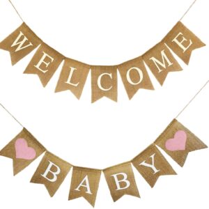 Shimmer Anna Shine Welcome Baby Burlap Banner for Baby Shower Decorations and Gender Reveal Party (Light Pink Hearts)