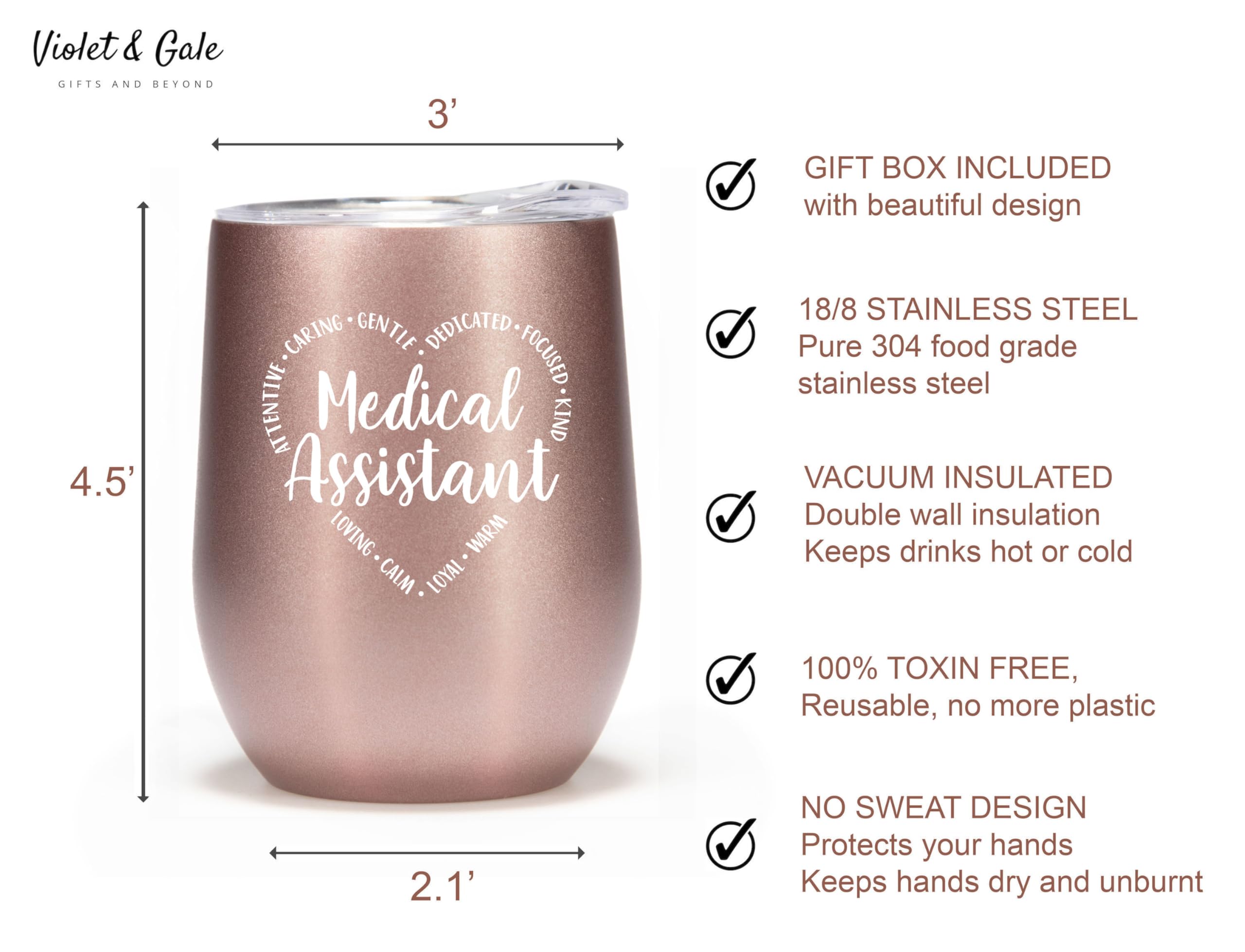 VIOLET & GALE 12oz Wine Glass Tumbler, Rose Gold, Medical Assistant Appreciation Week Gift, Thermal Insulated Coffee Mug with Lid, for Women, MA Graduation, CMA