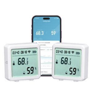 geeni smart temperature and humidity monitor sensor 2 pack - indoor wireless wifi thermometer hygrometer for house, alexa, google home app controlled, batteries included.