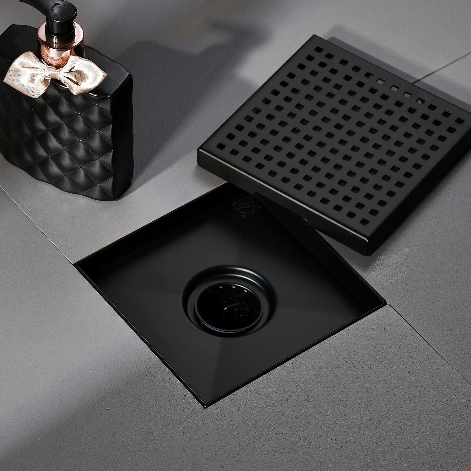 ELLO&ALLO Shower Floor Drain with Flange,Quadrato Pattern Grate Removable 6 Inch Square, SUS 304 Stainless Steel, Matte Black