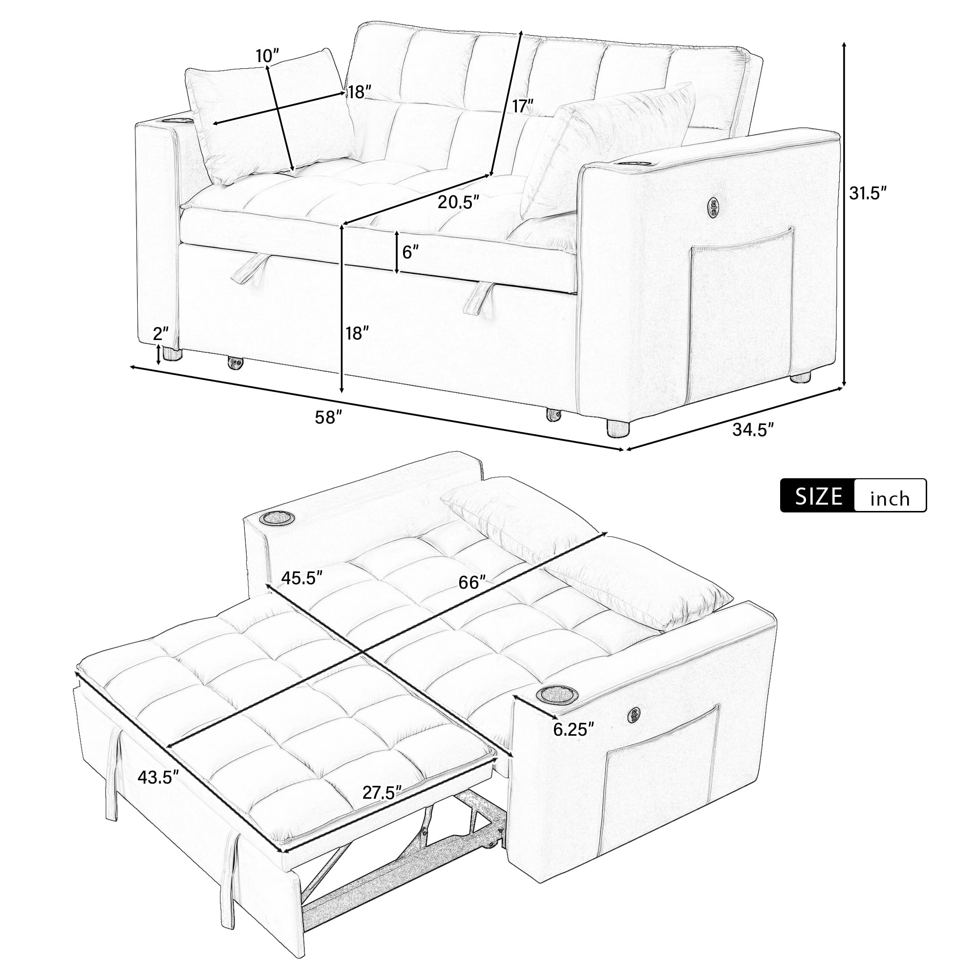 P PURLOVE Convertible Sleeper Sofa Bed, Velvet Loveseat Sofa Couch, Adjustable Backrest, Pull-Out Bed with Cup Holder and USB Port for Living Room or Apartments (Milky White)