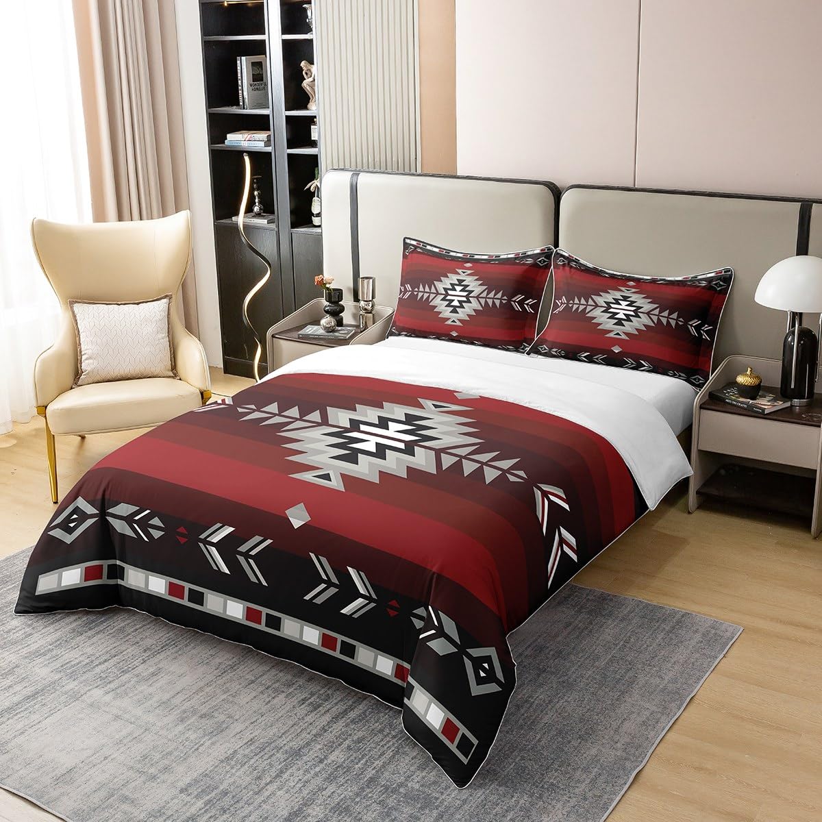 King Size 100% Cotton Southwest Native Design Duvet Cover Southwestern Geometric Bedding Set Ultra Soft Tribal Comforter Cover Set Red Grey Bedspread Cover Room Decor Bedclothes Zipper