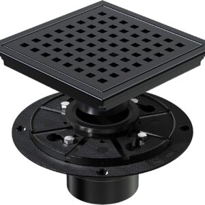 ELLO&ALLO Shower Floor Drain with Flange,Quadrato Pattern Grate Removable 6 Inch Square, SUS 304 Stainless Steel, Matte Black