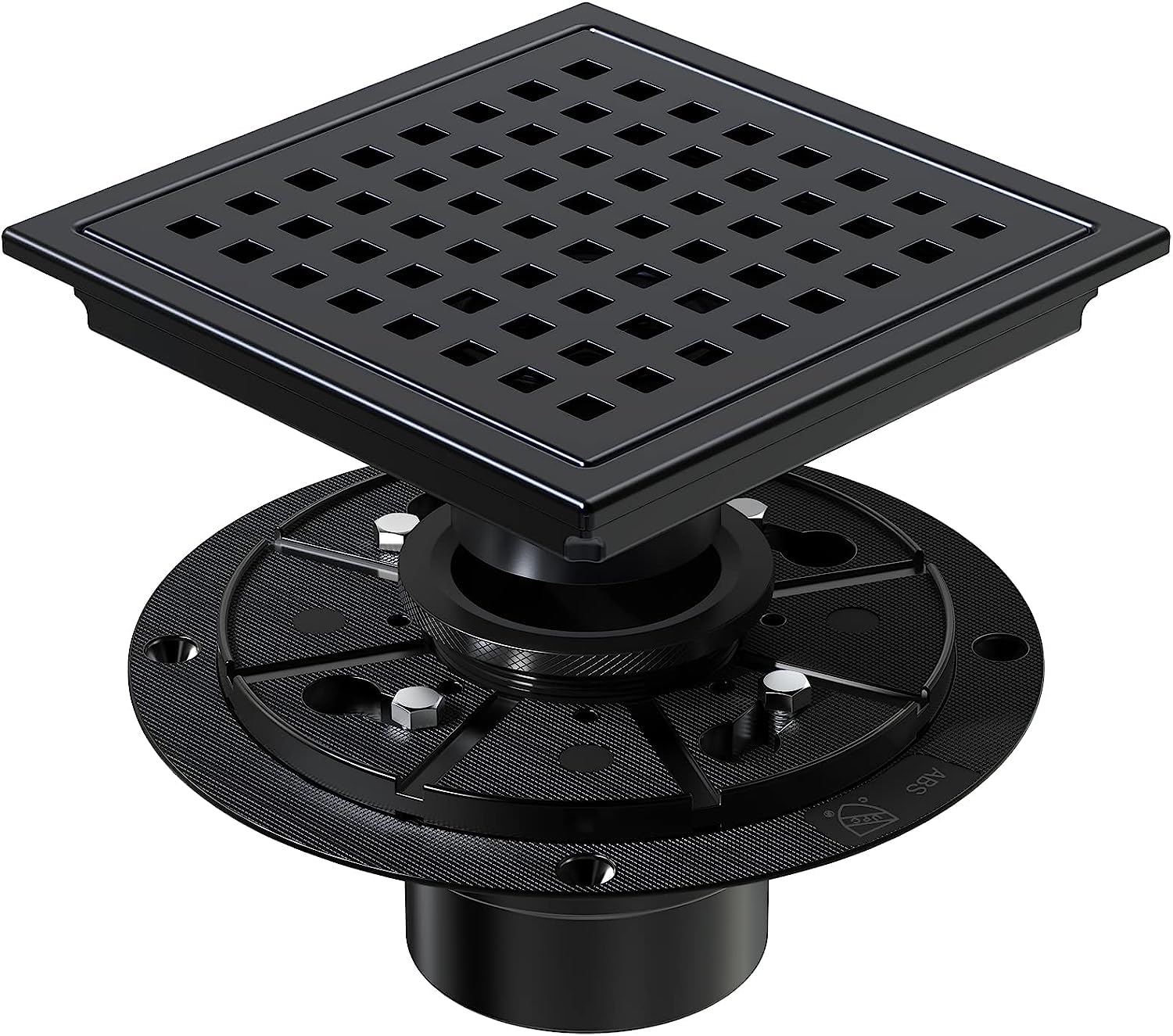 ELLO&ALLO Shower Floor Drain with Flange,Quadrato Pattern Grate Removable 6 Inch Square, SUS 304 Stainless Steel, Matte Black