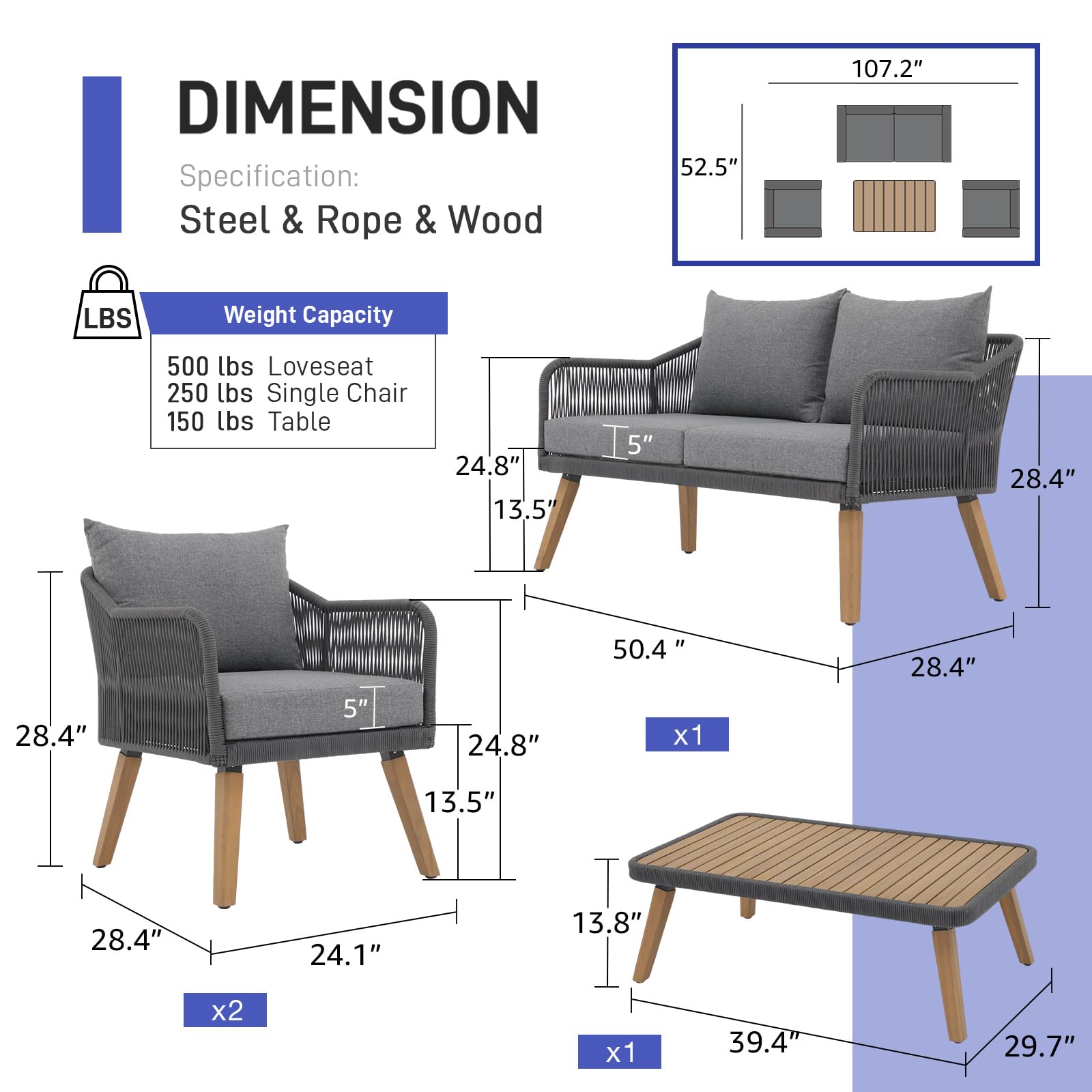 Patiorama 4 Piece Patio Furniture Set, Outdoor FSC Certified Acacia Wood Conversation Set, All-Weather Rope Sofa Set w/Coffee Table, Loveseat, Modern Deep Seating Set for Lawn Balcony Poolside, Grey