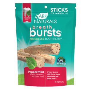 ark naturals breath bursts brushless toothpaste, dog dental sticks for large breeds, unique texture helps clean teeth & freshen breath, peppermint, 6 oz, 1 pack